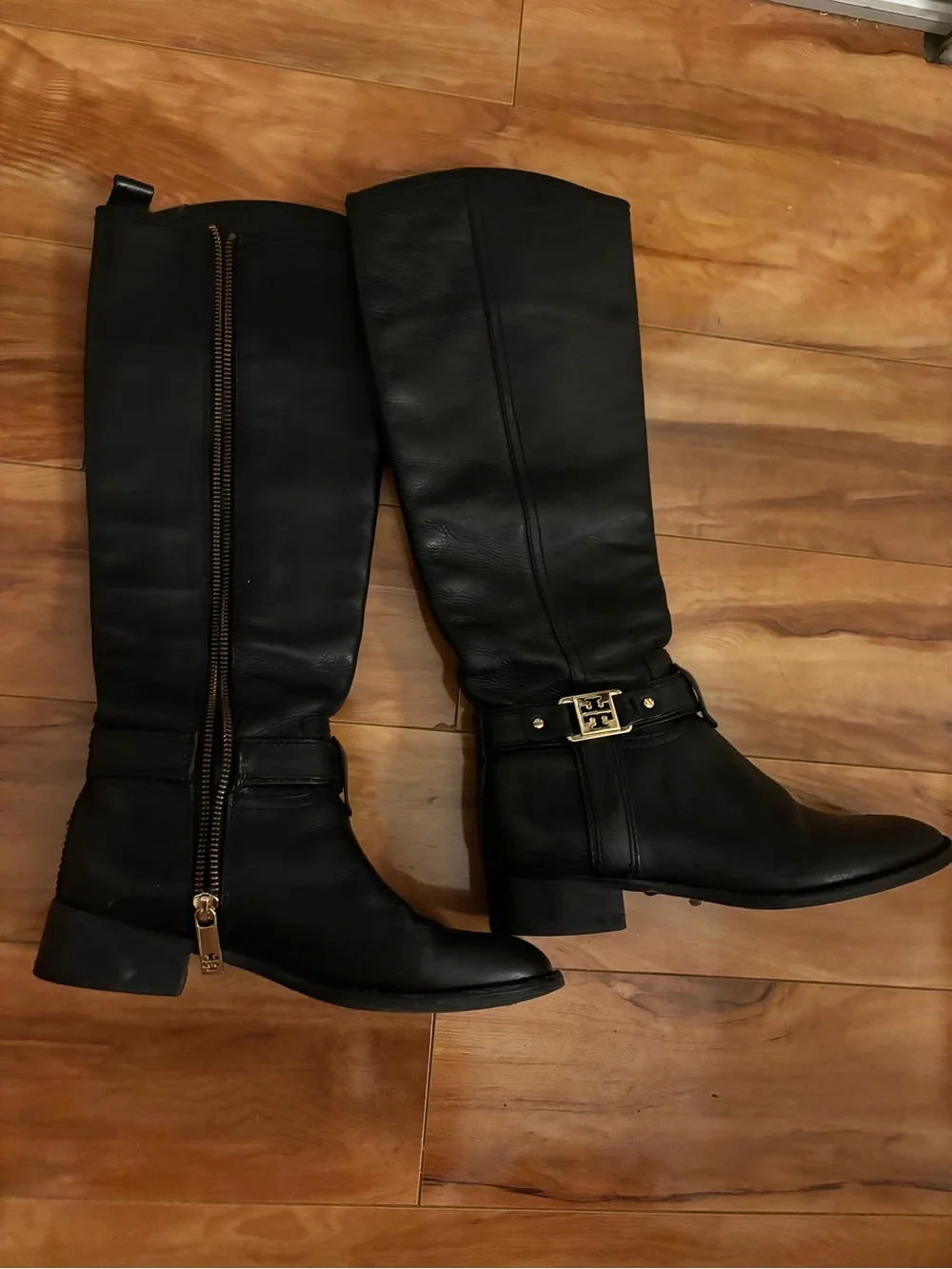Tory Burch Black Leather Over-the-Knee Boots with Gold Logo Buckle